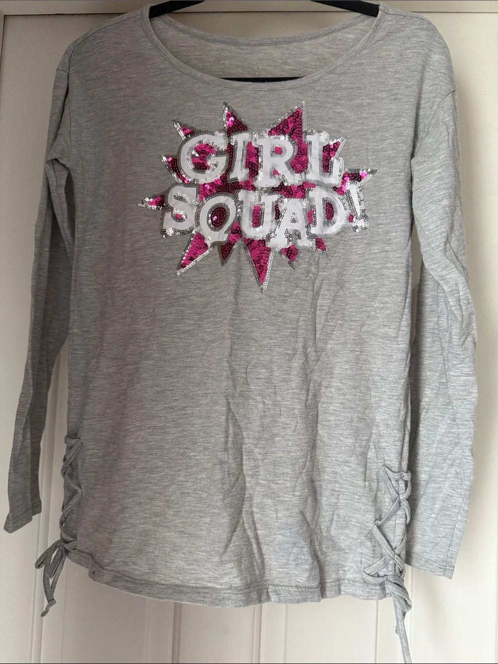 Justice Gray Long-Sleeve Top with Pink and Silver Sequin 'Girl Squad' Graphic